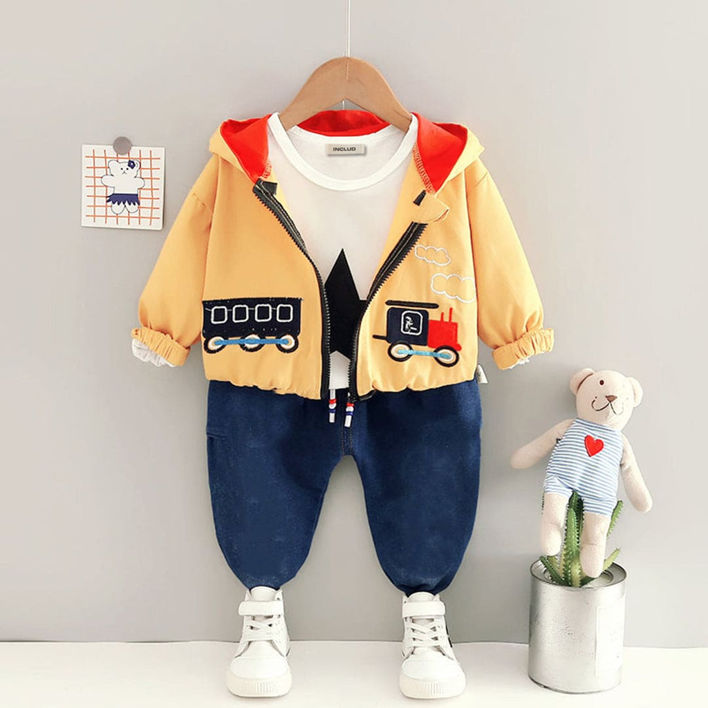 Boys Train Embroidery Yellow Jacket With T-Shirt & Pants Set Sets Yellow 1-2 Y 