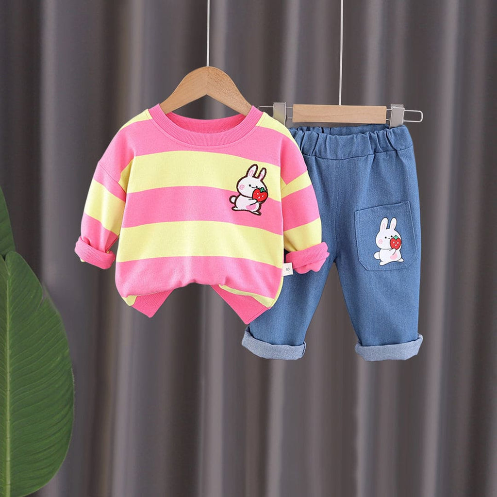 Girls Fuchsia Striped Sweatshirt With Jeans Set Sets Fuchsia 1-2 Y 