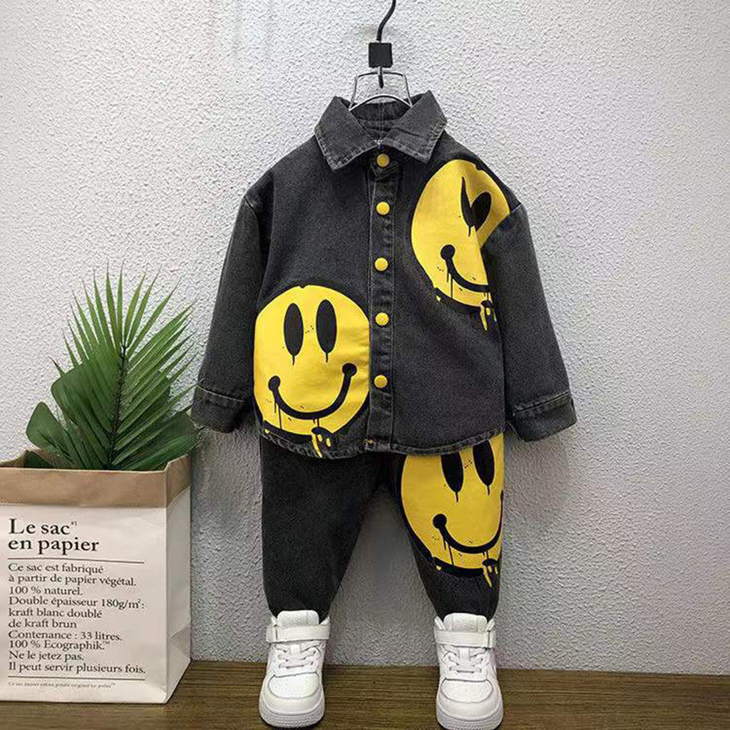 Boys Black Smiley Print Denim Shirt With Denim Jeans Set Sets Black 1-2 Y 