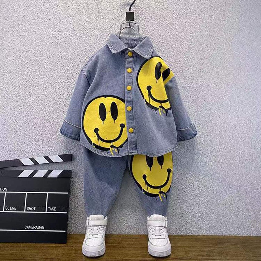 Boys Blue Smiley Graphic Denim Shirt With Denim Jeans Set Sets Blue 1-2 Y 