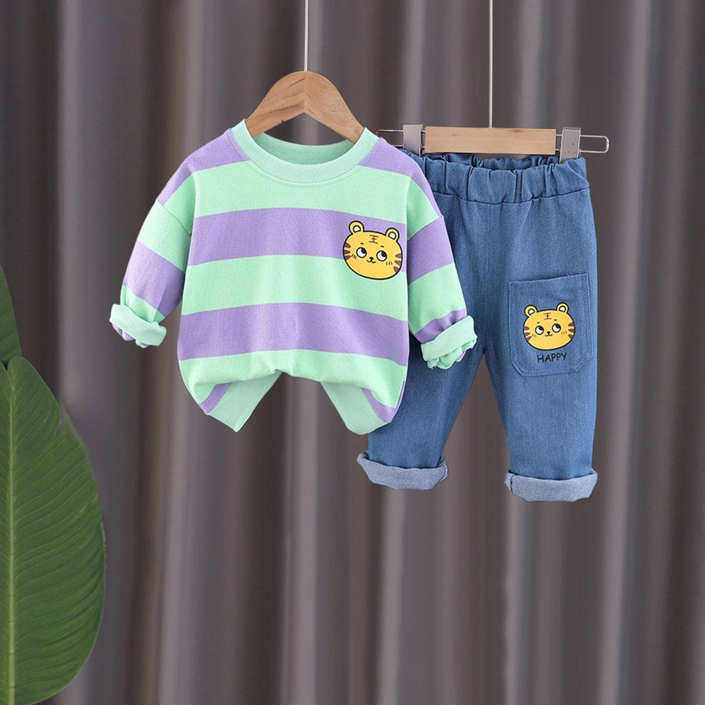 Girls Green Striped Sweatshirt With Jeans Set Sets   