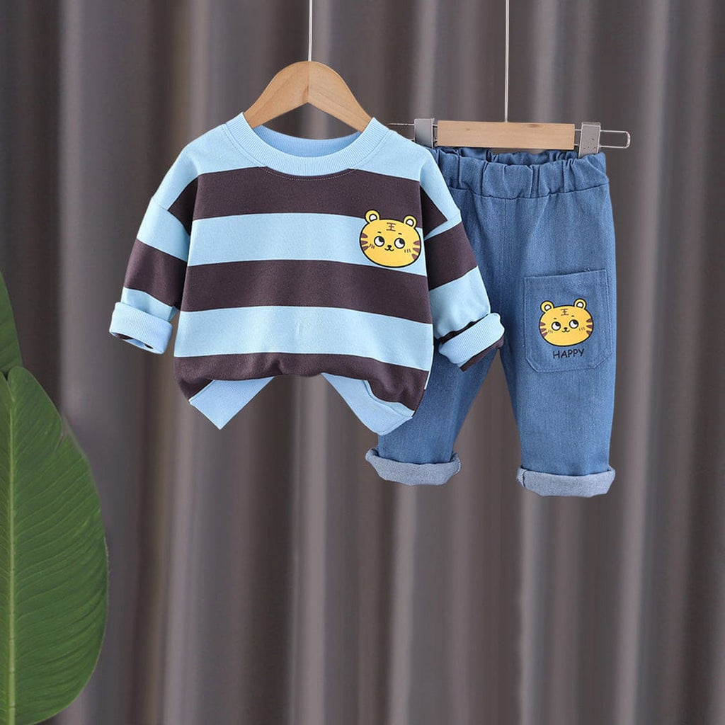 Boys Blue Tiger Graphic Striped Sweatshirt With Denim Pants Set Sets Blue 1-2 Y 