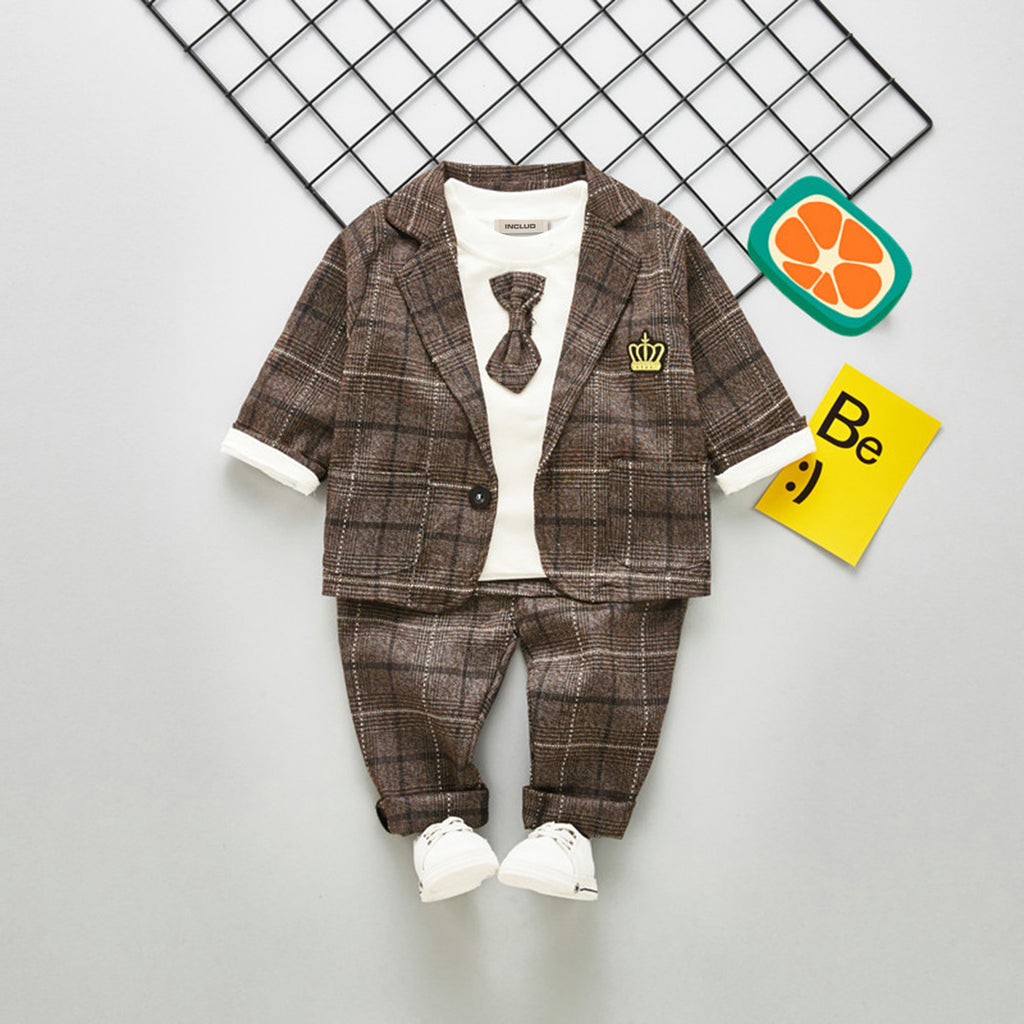 Boys Brown Checkered Waistcoat With T-Shirt & Trouser Set Sets Brown 1-2 Y 