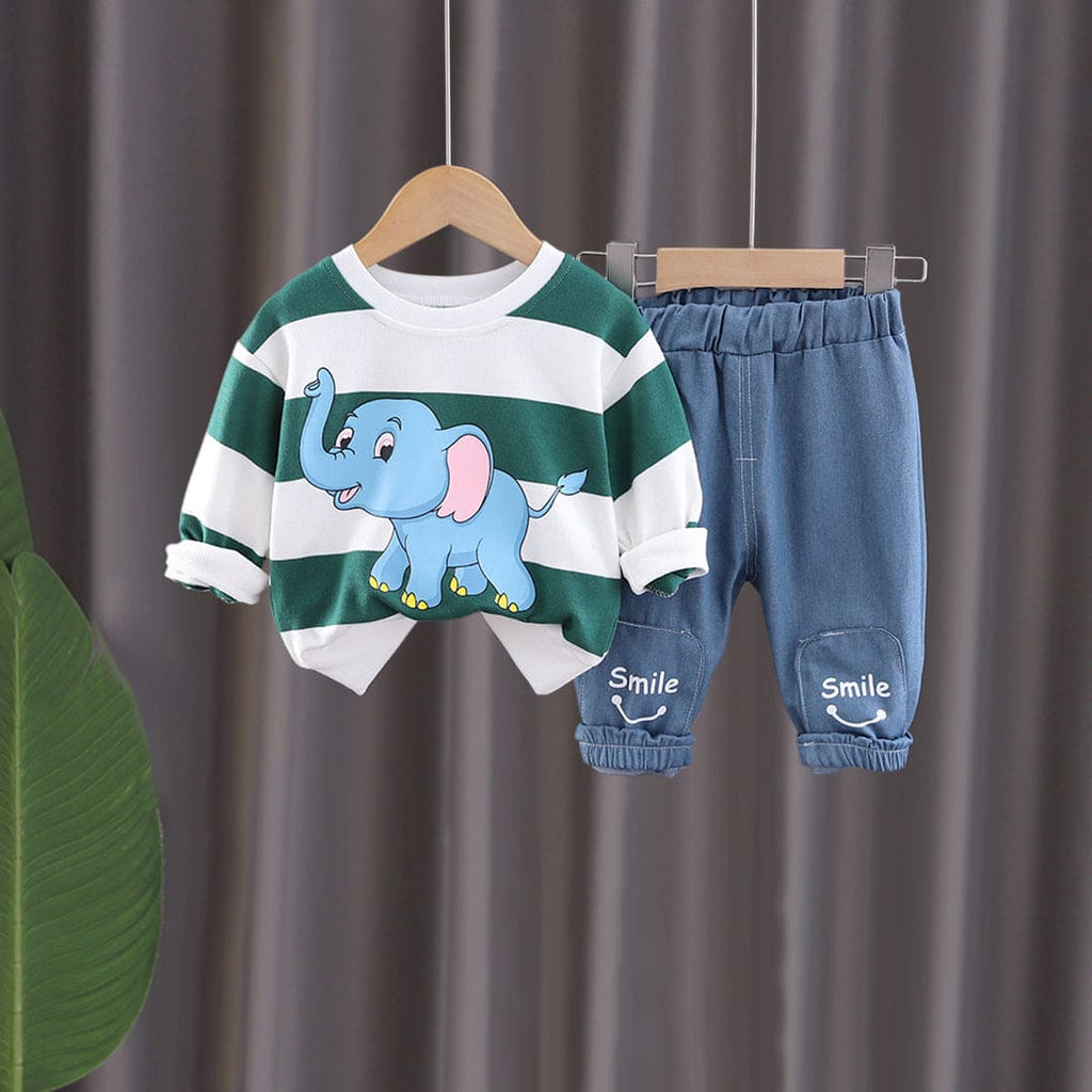 Boys Green Elephant Graphic Sweatshirt With Denim Pants Set Sets Green 1-2 Y 