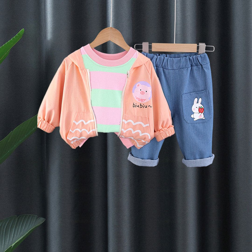 Girls Kangaroo Pocket Jacket With Pink Striped T-Shirt & Jeans Set Sets Pink 1-2 Y 