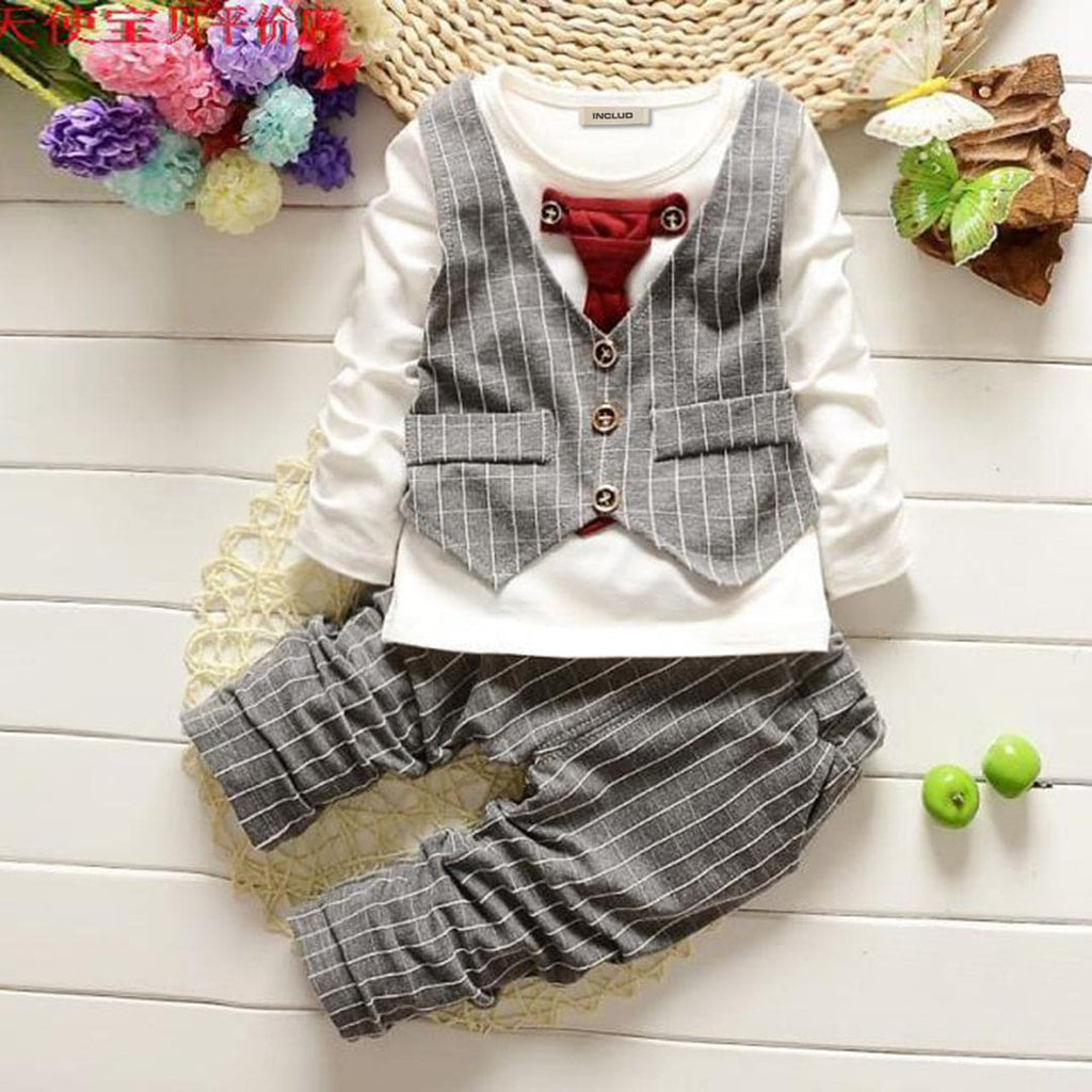 Boys Grey Long Sleeve Vest Mock T-Shirt With Check Pants Set Sets Grey 1-2 Y 