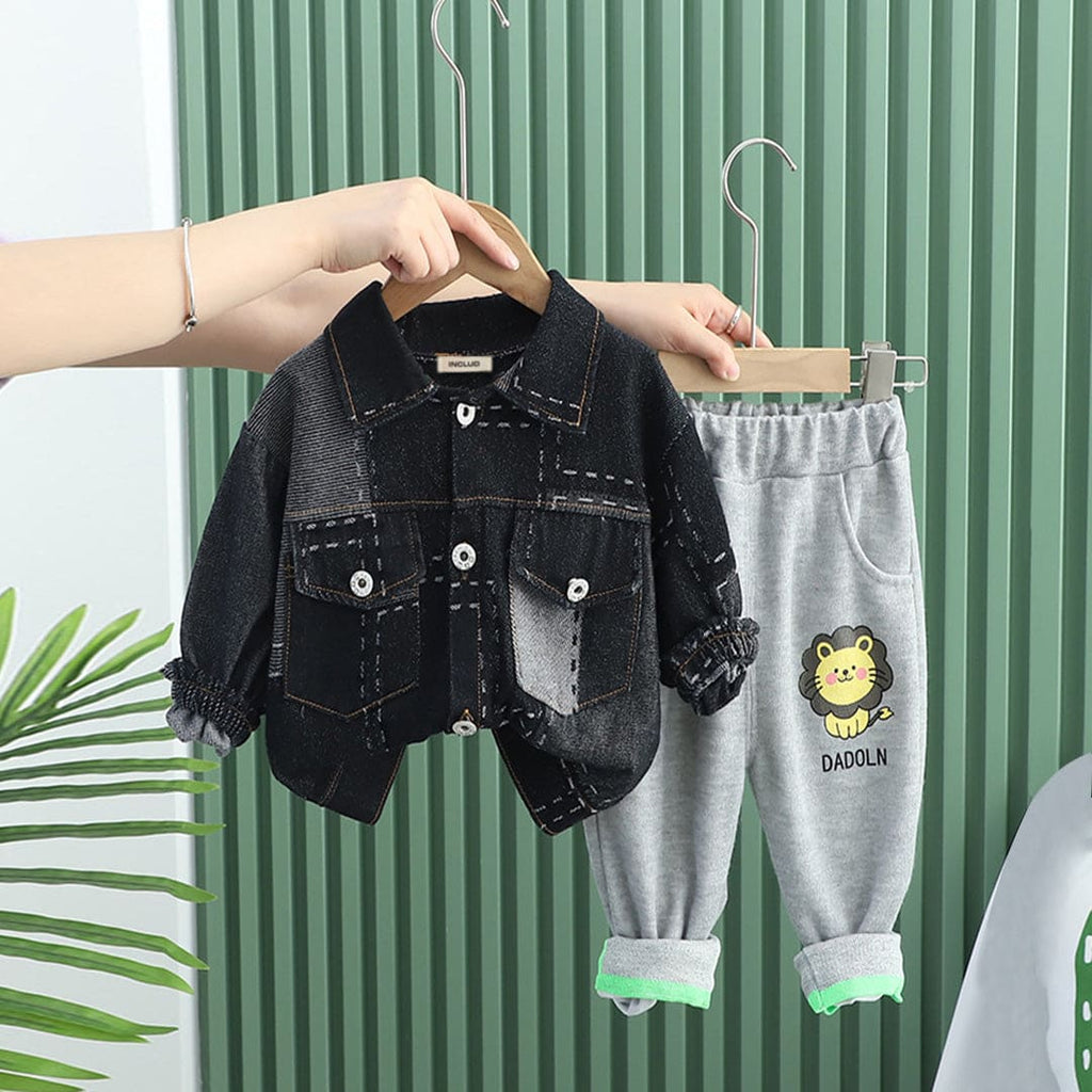 Boys Black Denim Jacket With Lion Graphic Trouser Set Sets Black 1-2 Y 