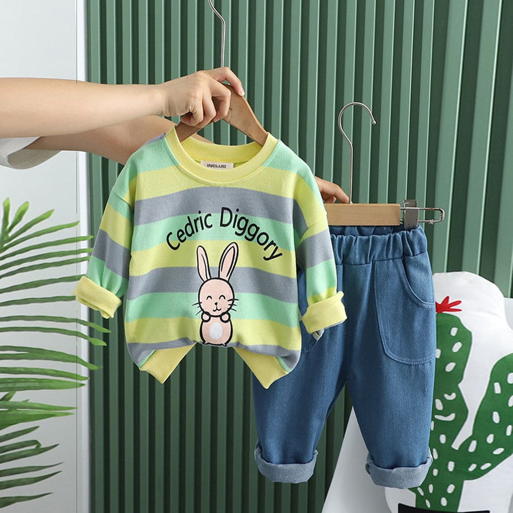 Boys Animal Print Green Striped Sweatshirt With Jeans Set Sets Green 1-2 Y 