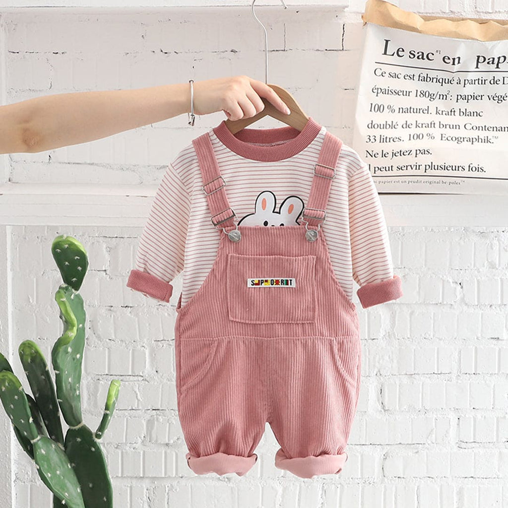 Girls Pink Striped Long Sleeves Sweatshirt With Dungaree Set Sets Pink 1-2 Y 