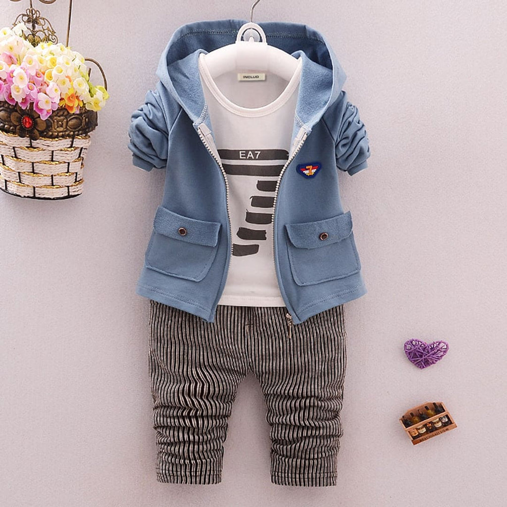 Boys Blue Hooded Sweatshirt With T-Shirt & Striped Pants Set Sets Blue 1-2 Y 