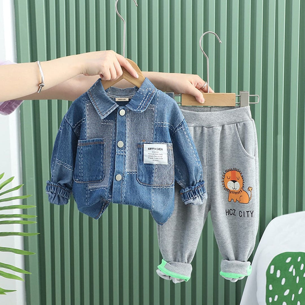 Boys Blue Printed Denim Shirt With Trouser Set Sets Blue 1-2 Y 