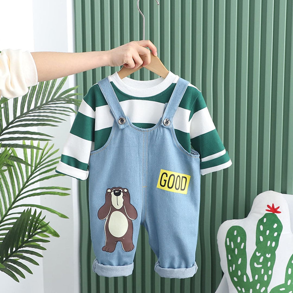 Boys Green Striped T-Shirt With Cartoon Print Dungaree Set Sets Green 1-2 Y 