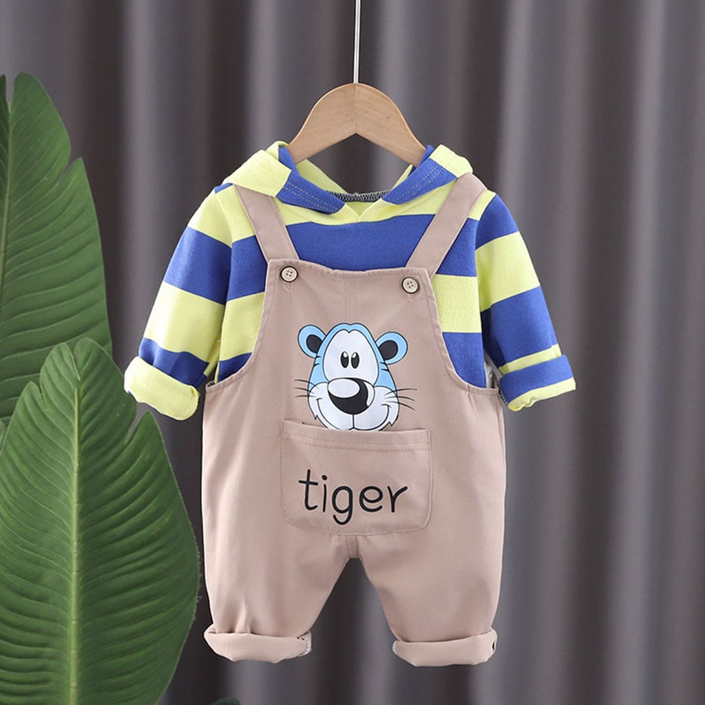 Boys Yellow Hooded T-Shirt With Tiger Graphic Dungaree Set Sets Yellow 1-2 Y 