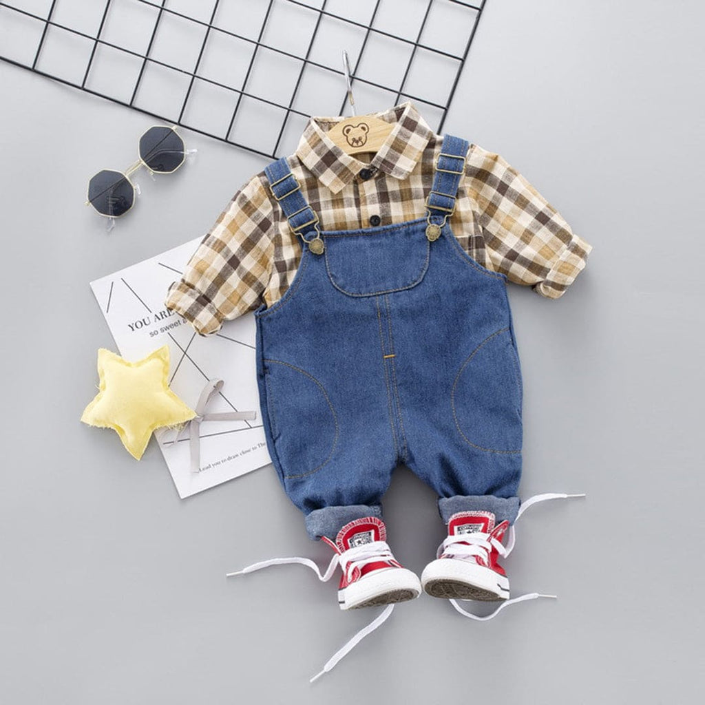 Boys Blue Checkered Shirt With Denim Dungaree Set Sets Blue 1-2 Y 