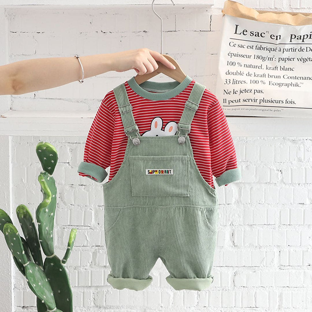 Girls Green Striped Long Sleeves Sweatshirt With Dungaree Set Sets Green 1-2 Y 