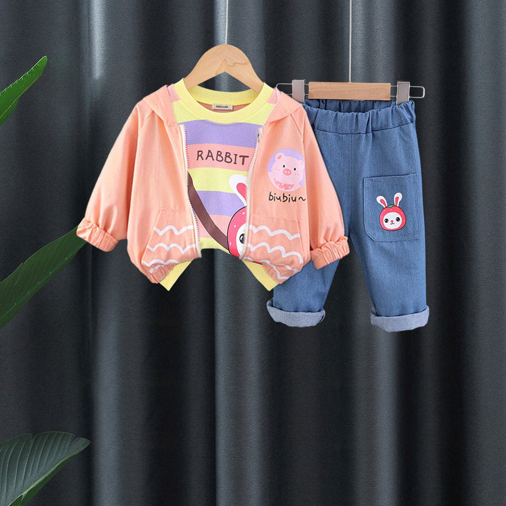 Girls Cartoon Graphic Jacket With Pink Striped T-Shirt & Jeans Set Sets Pink 1-2 Y 