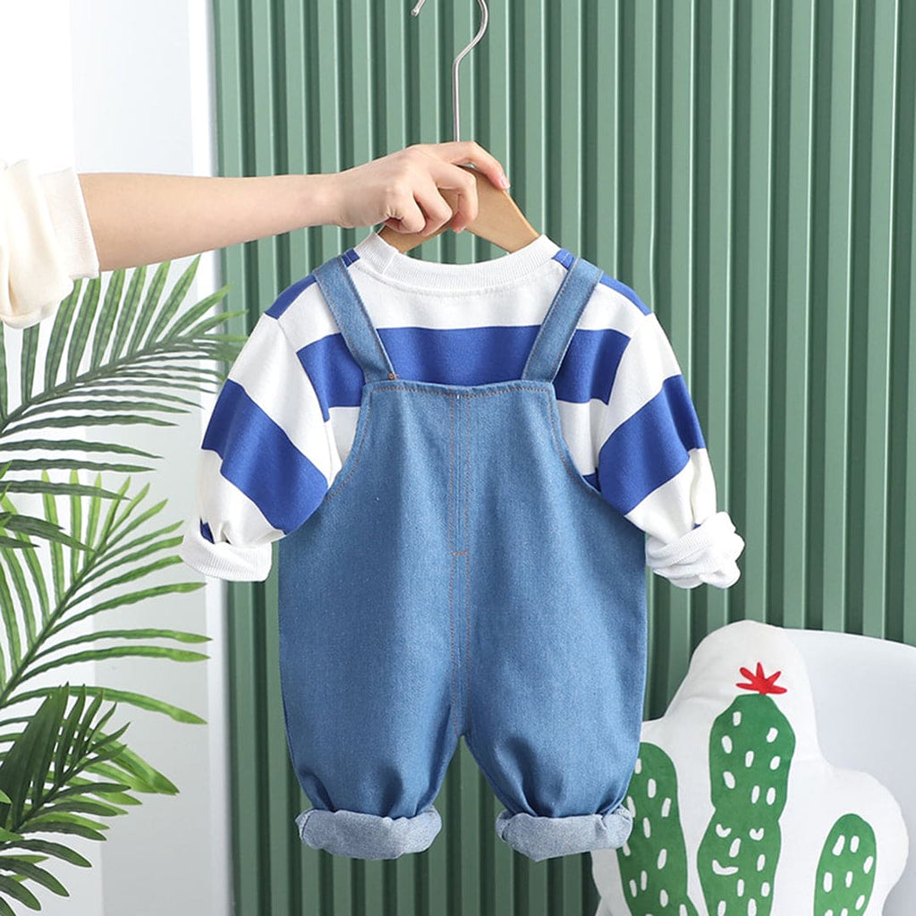 Boys Blue Striped Long Sleeves T-Shirt With Dungaree Set Sets Blue 1-2 Y 