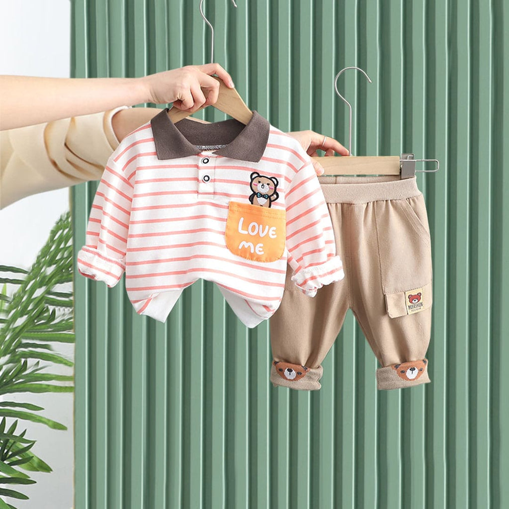 Boys Orange Striped Animal Graphic Polo T-Shirt With Trouser Set Sets Orange 1-2 Y 