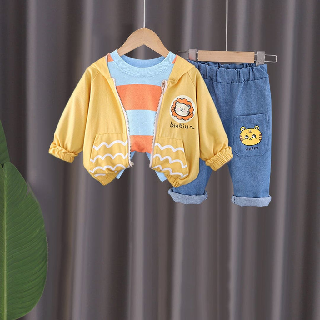 Boys Lion Graphic Sweatshirt With Orange Striped T-Shirt & Jeans Set Sets   