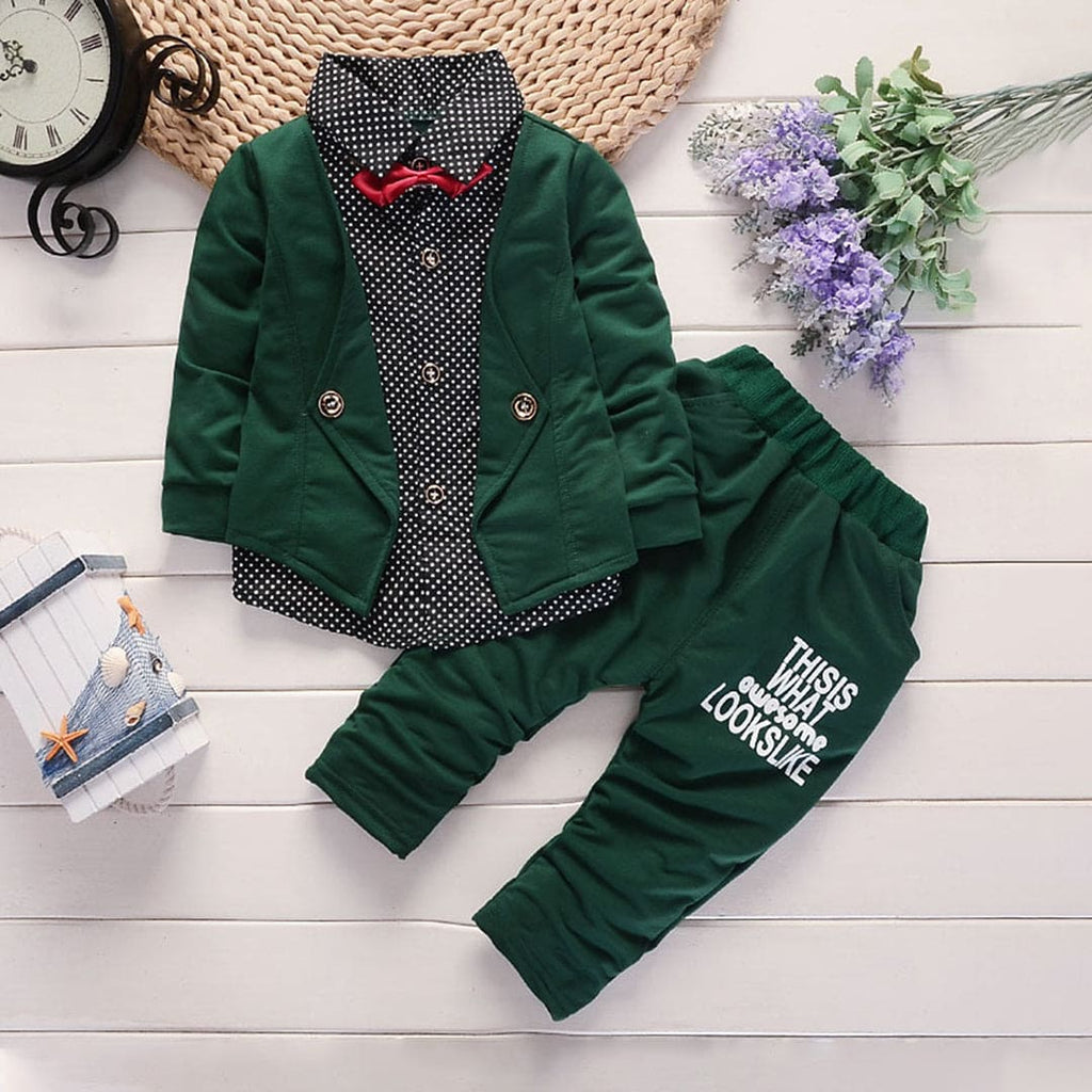 Boys Green Long Sleeve Polka Dot Print Shirt With Pants Set Sets   