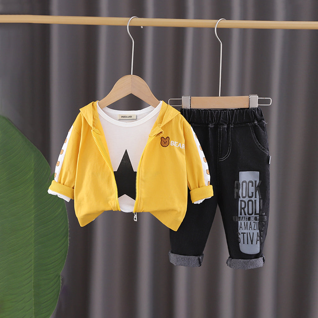 Boys Embroidered Yellow Jacket With Star Graphic T-Shirt & Jeans Set Sets Yellow 1-2 Y 