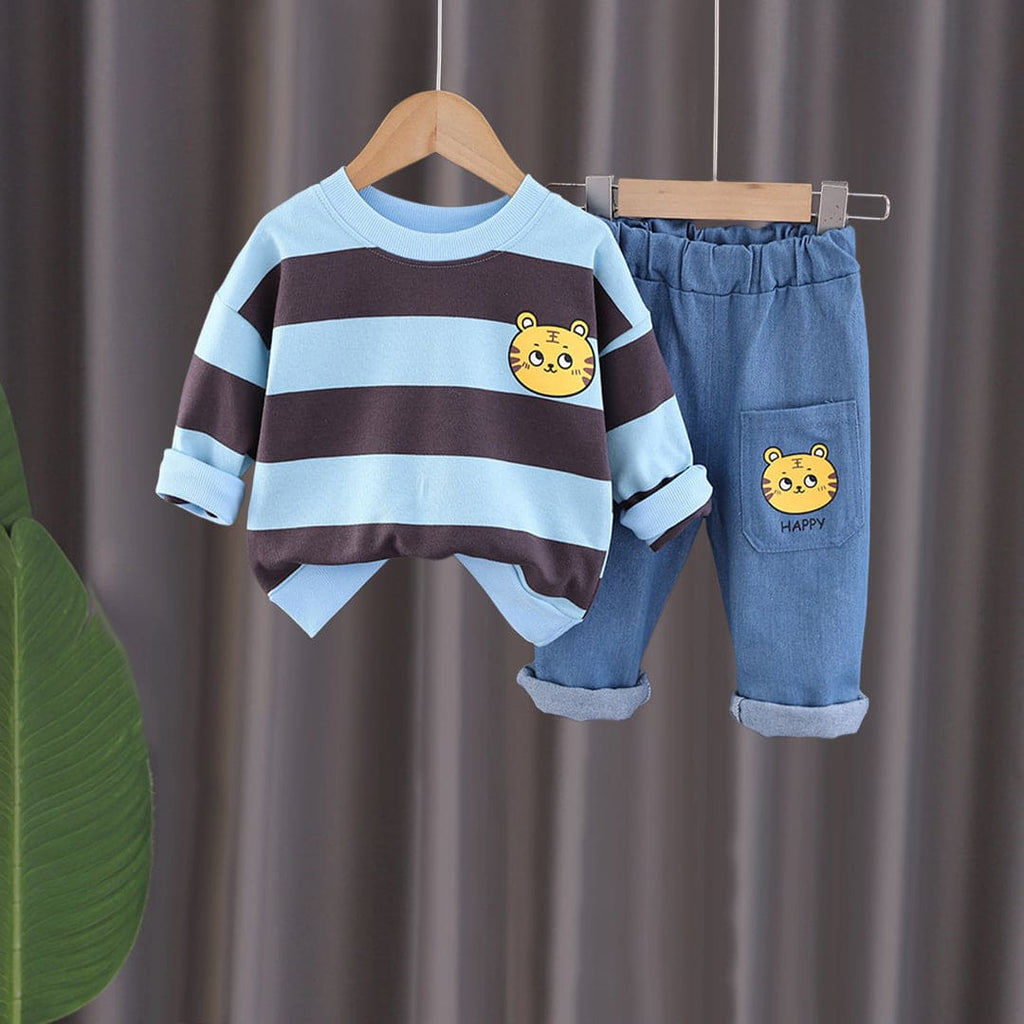 Girls Blue Striped Sweatshirt With Jeans Set Sets Blue 1-2 Y 