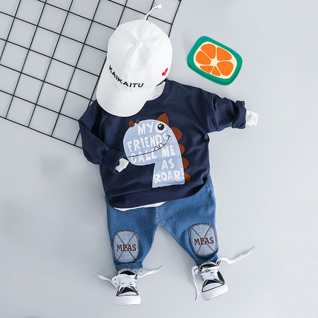 Boys Blue Dinosaur Applique Sweatshirt With Denim Jeans Set Sets Blue 1-2 Y 