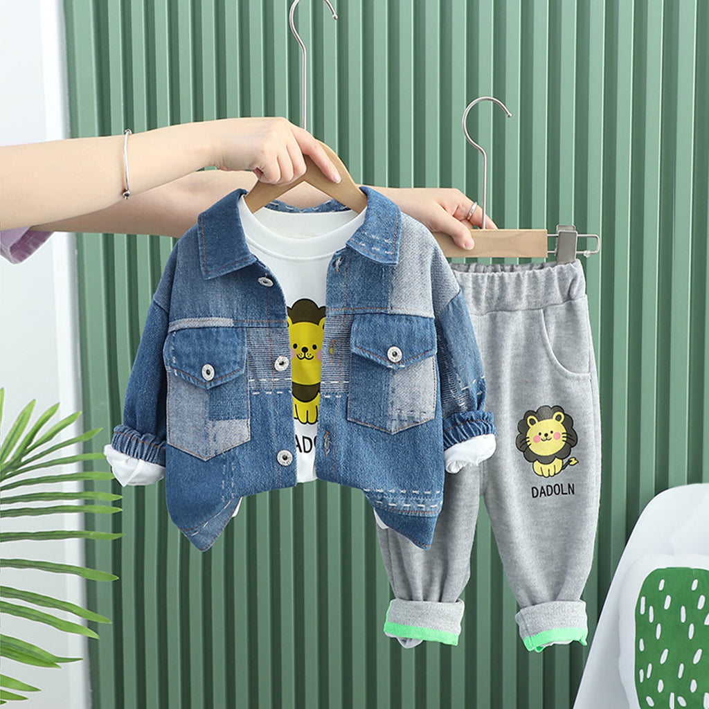 Boys Blue Printed Denim Jacket With Elasticated Trouser Set Sets Blue 1-2 Y 