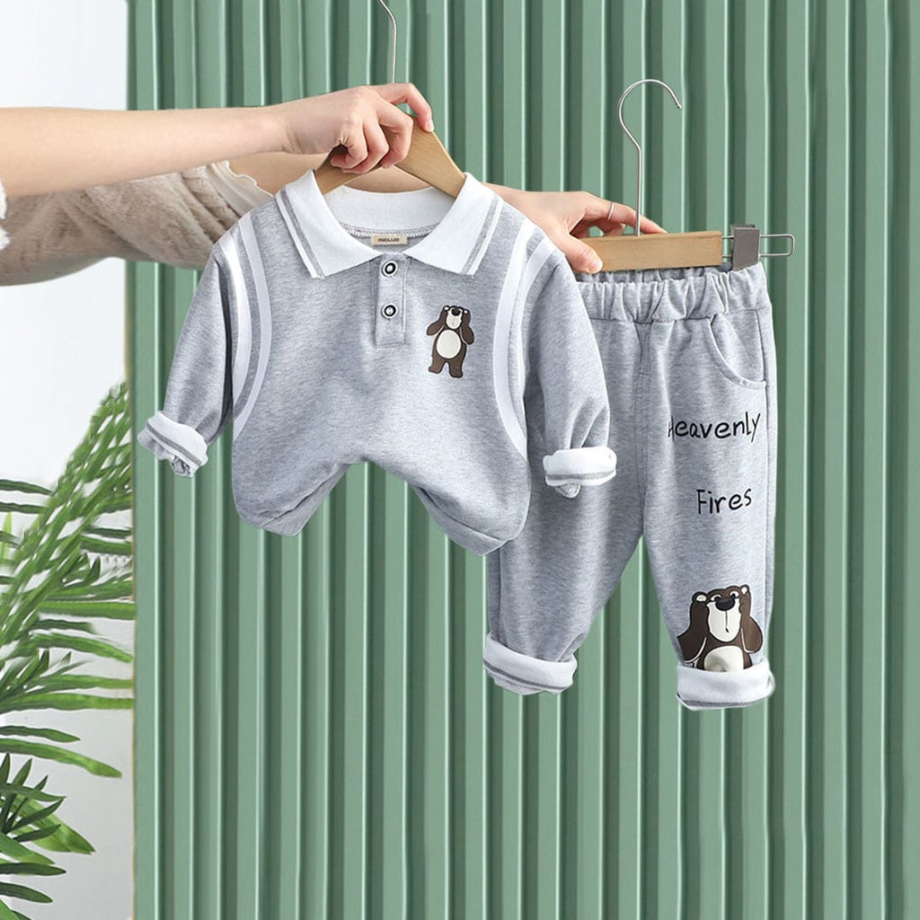 Boys Grey Bear Print Polo Neck T-Shirt With Trouser Set Sets Grey 1-2 Y 