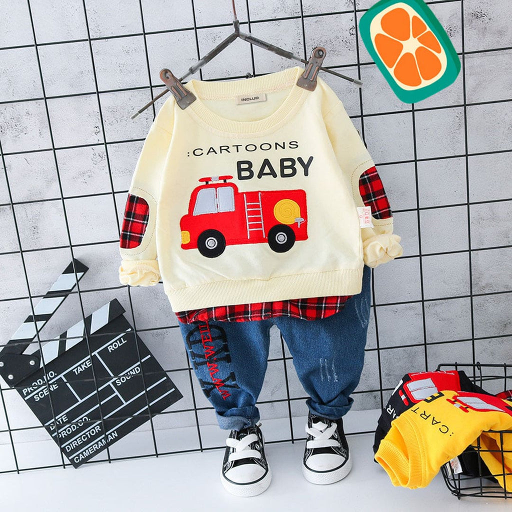 Boys White Truck Graphic Long Sleeve Sweatshirt With Denim Pants Set Sets White 1-2 Y 