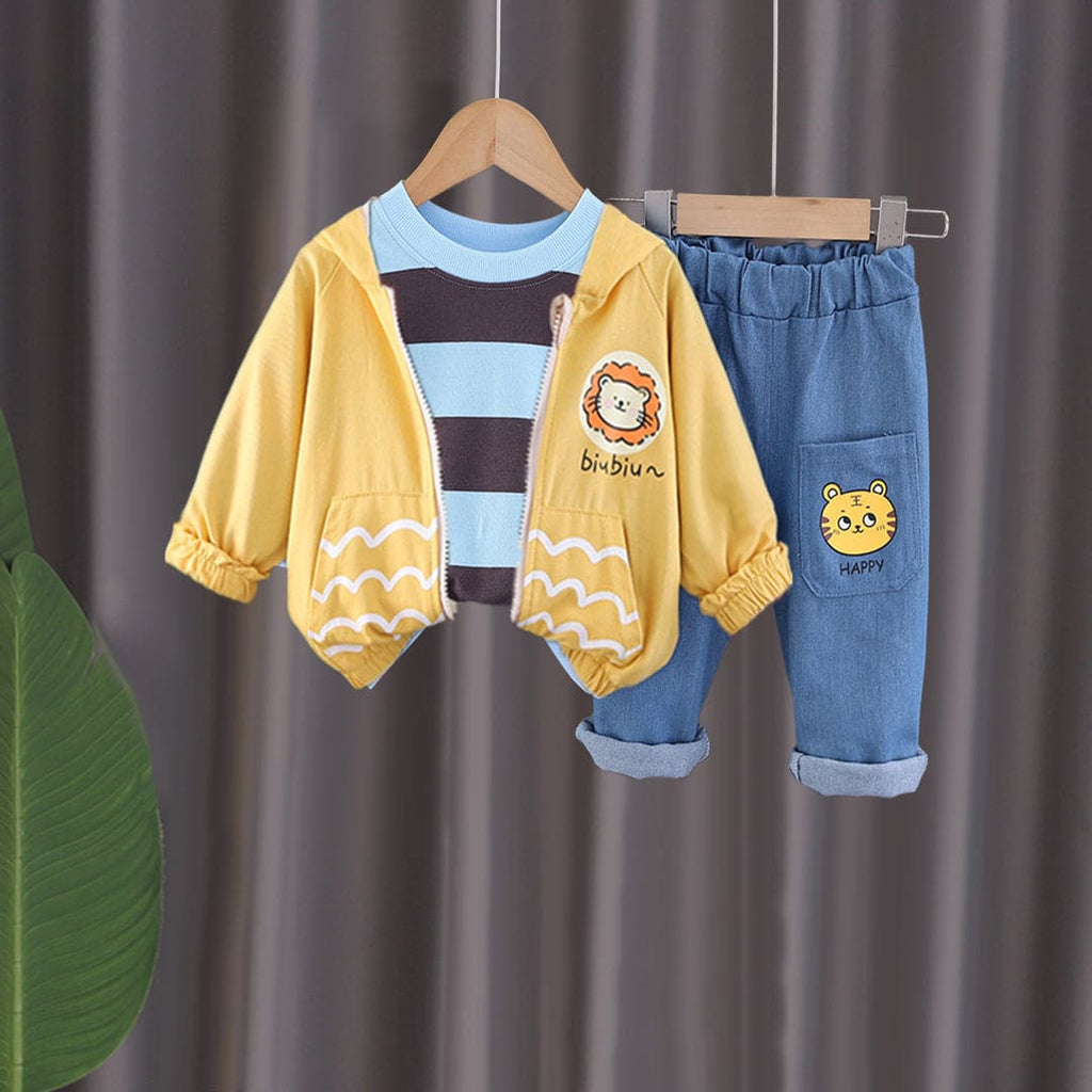 Boys Lion Graphic Sweatshirt With Blue Striped T-Shirt & Jeans Set Sets Blue 1-2 Y 