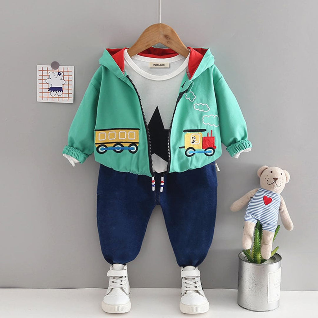 Boys Train Embroidery Green Jacket With T-Shirt & Pants Set Sets Green 1-2 Y 