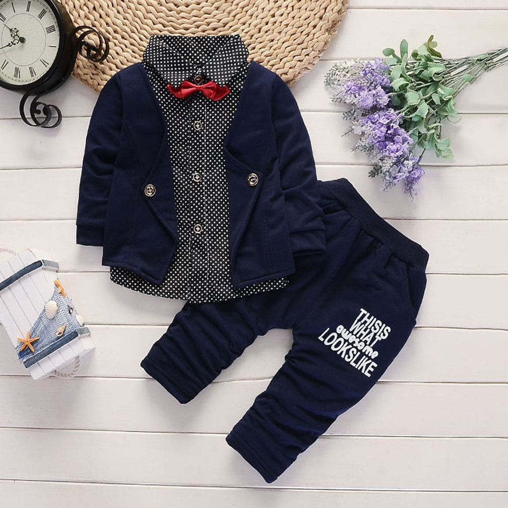 Boys Blue Long Sleeve Polka Dot Print Shirt With Pants Set Sets Blue 1-2 Y 