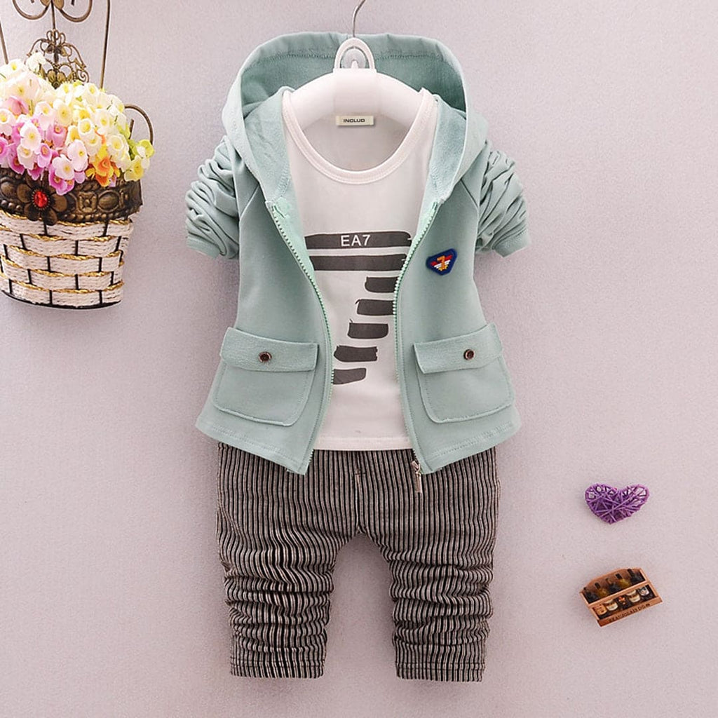 Boys Green Hooded Sweatshirt With T-Shirt & Striped Pants Set Sets Green 1-2 Y 