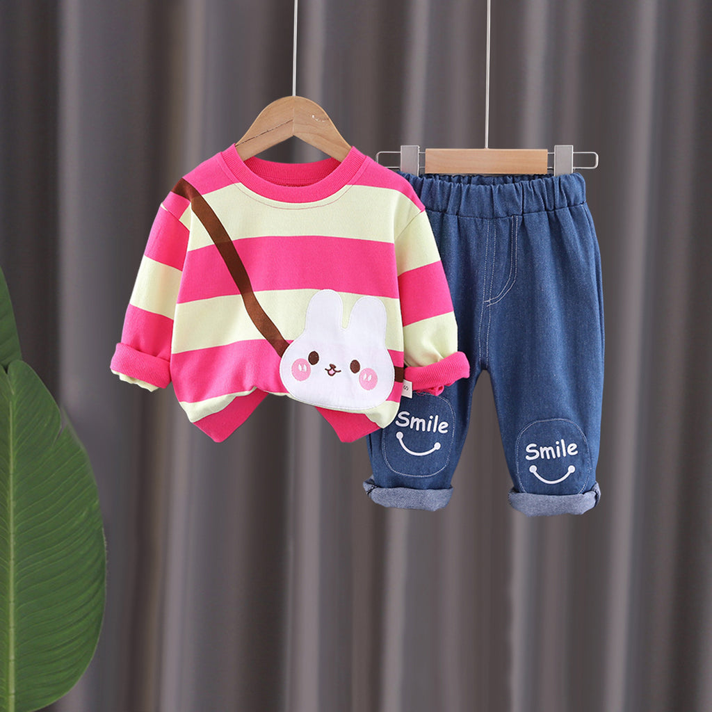 Girls Pink Striped Bunny Applique Sweatshirt With Denim Pants Set Sets Pink 1-2 Y 