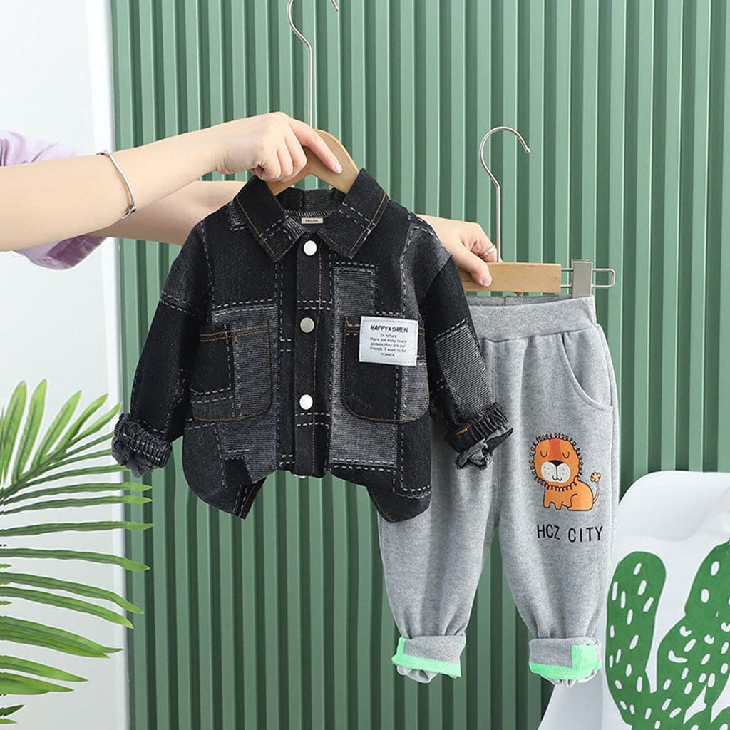 Boys Black Printed Denim Shirt With Lion Print Trouser Set Sets Black 1-2 Y 