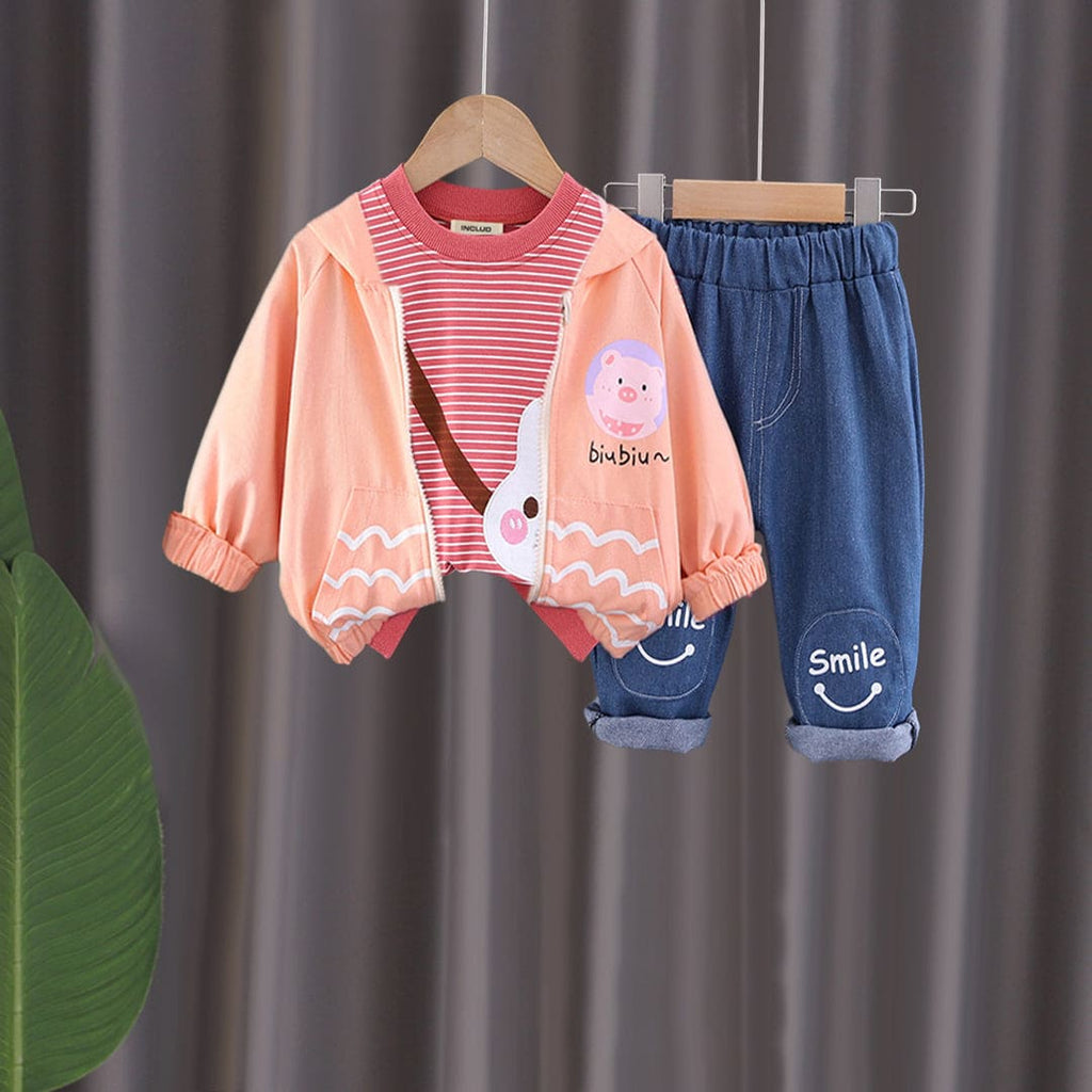 Girls Printed Jacket With Light Pink Striped T-Shirt & Denim Jeans Set Sets Light Pink 1-2 Y 