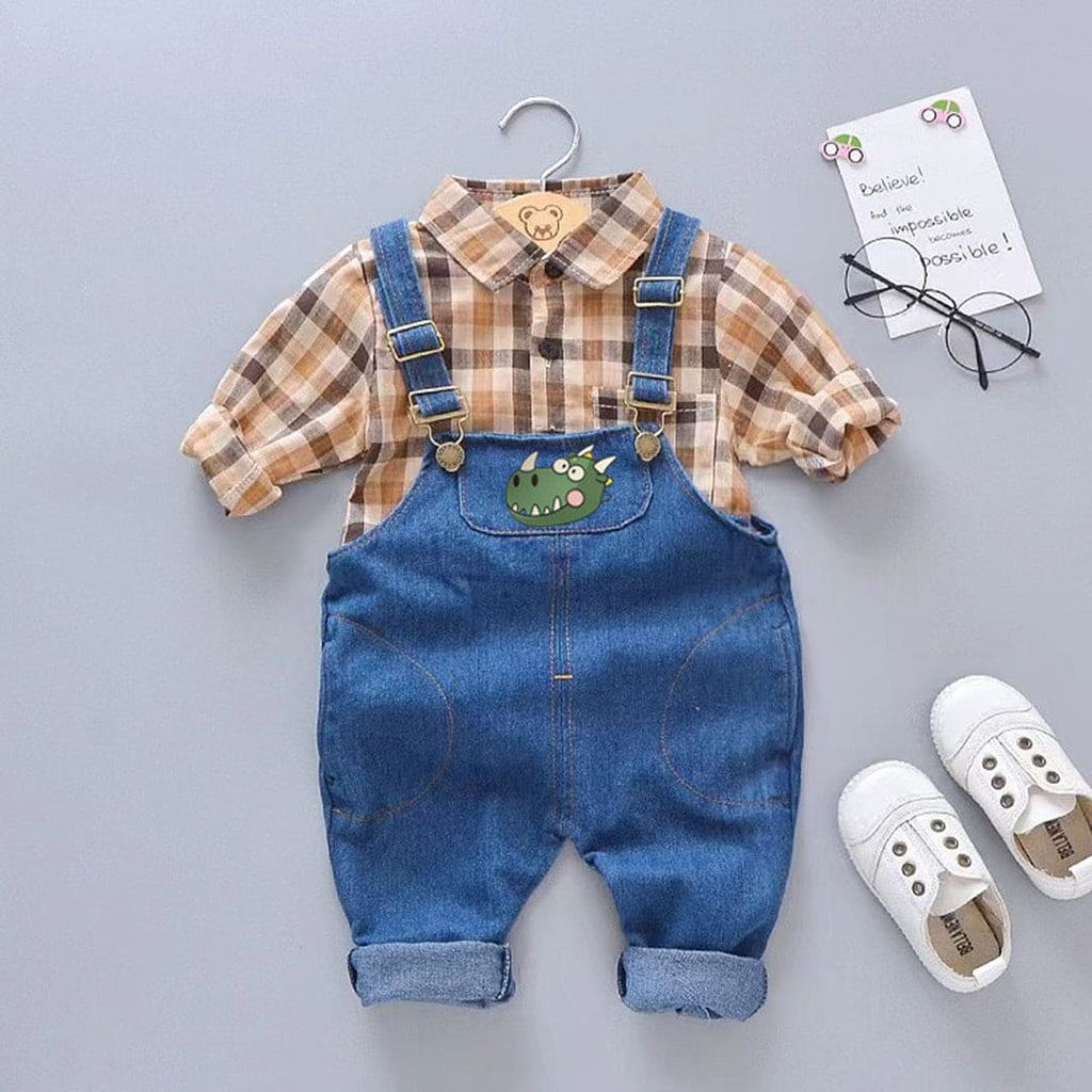 Boys Checkered Shirt With Animal Print Blue Dungaree Set Sets Blue 1-2 Y 