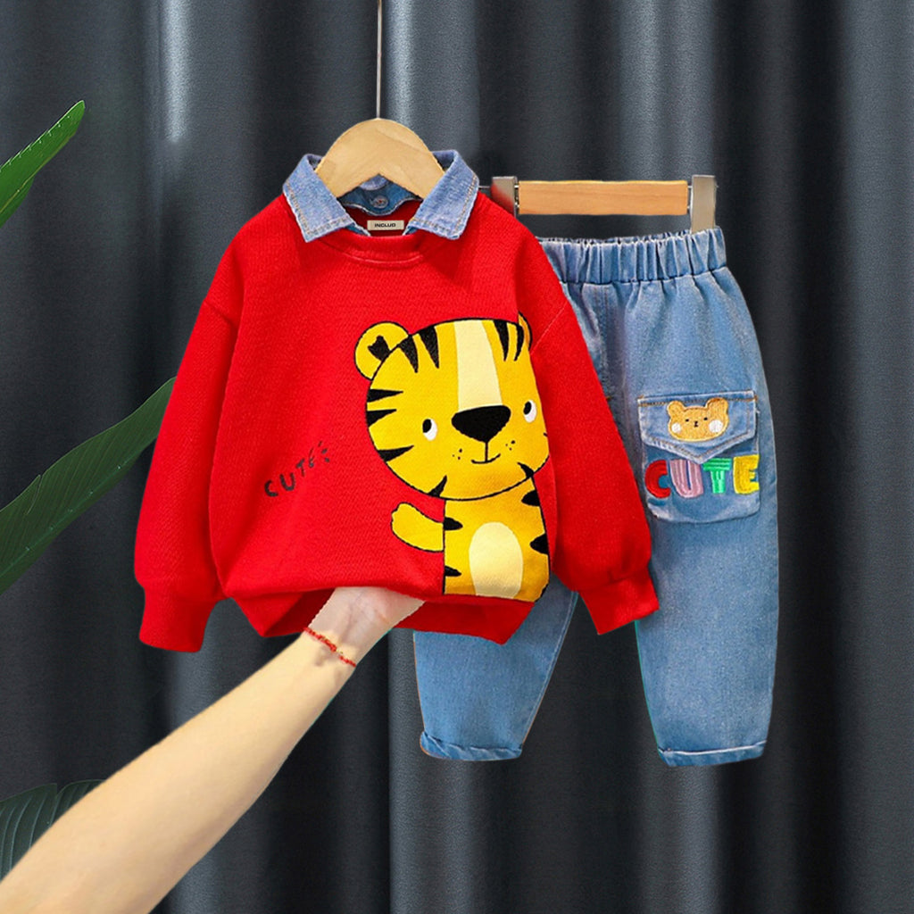 Boys Red Cartoon Graphic Sweater With Denim Pants Set Sets Red 1-2 Y 