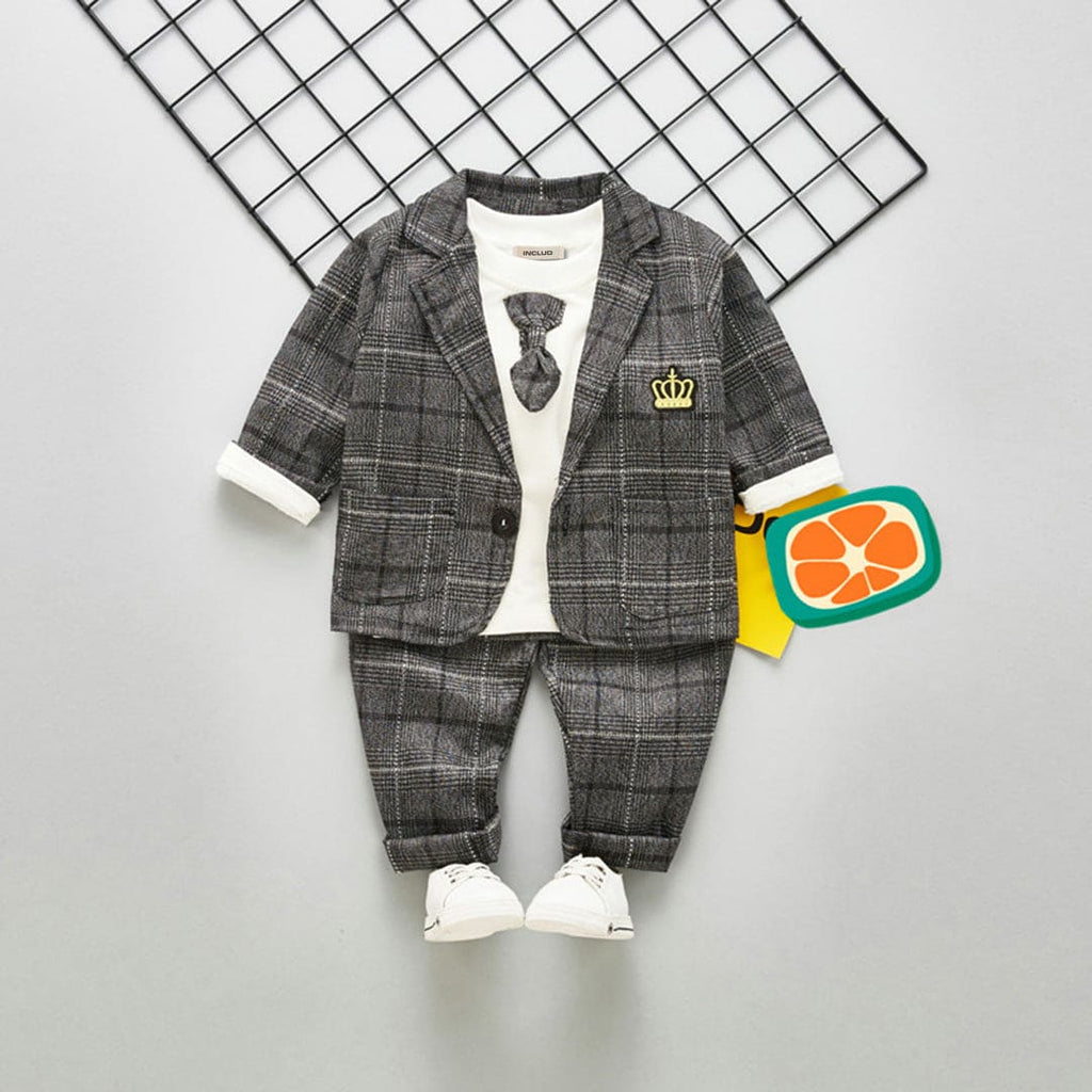 Boys Grey Checkered Party Wear Waistcoat With T-Shirt & Trouser Set Sets Grey 1-2 Y 