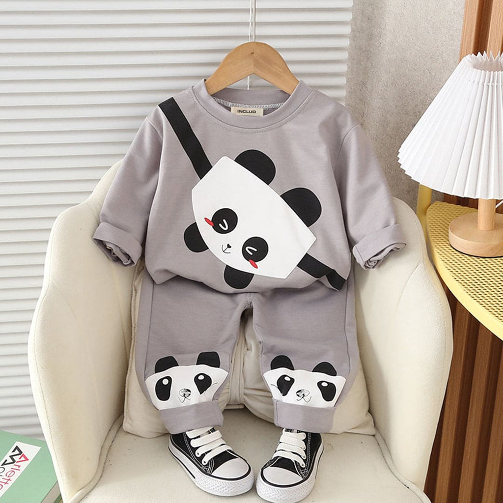 Boys Panda Print Sling Bag Grey Sweatshirt With Trouser Set Sets Grey 1-2 Y 