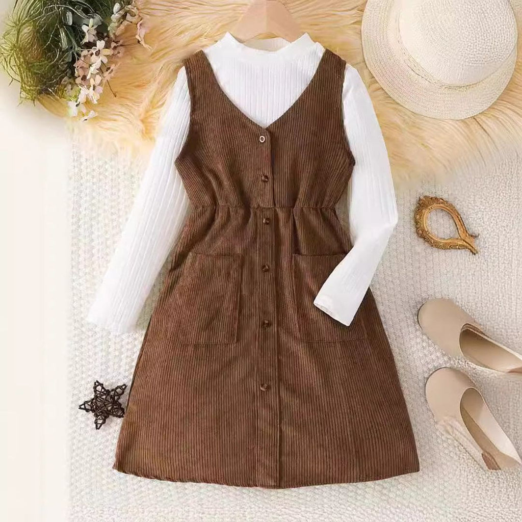 Girls Long Sleeve Ribbed T-Shirt With Brown Sleeveless Corduroy Dress Casual Dresses Brown 8-9 Y 