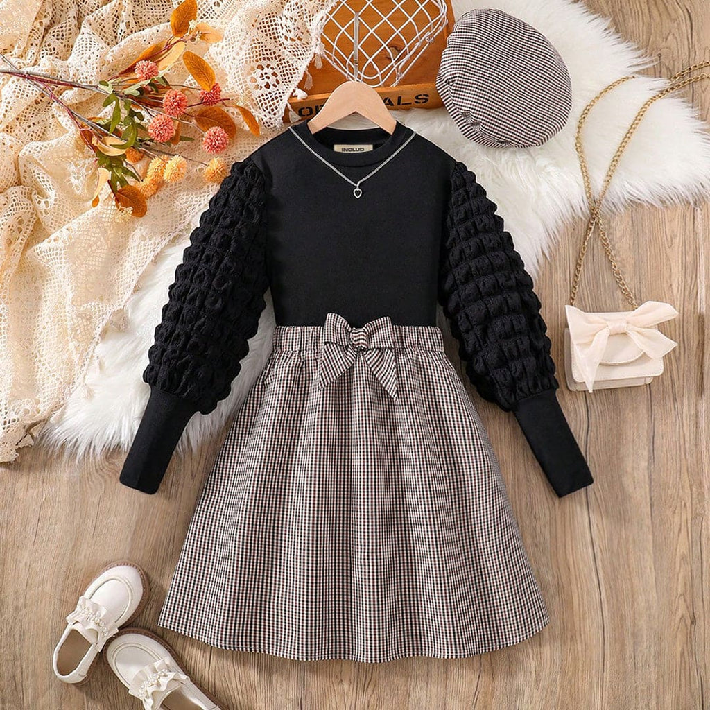 Girls Black Puff Sleeve Top With Plaid Skirt Set Sets Black 8-9 Y 