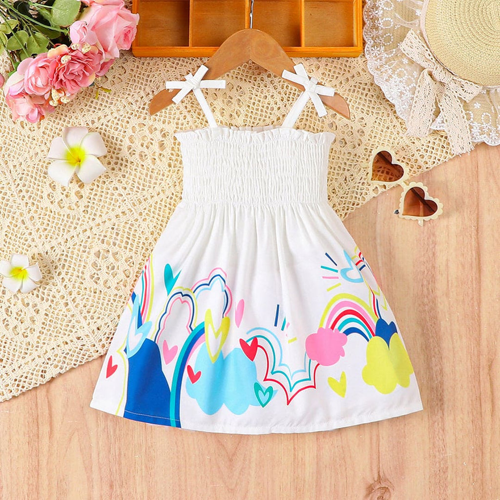 Girls White Heart Printed Sleeve Less Dress Casual Dresses White 1-2 Y 