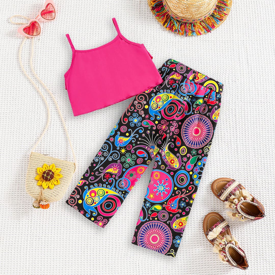 Girls Fuchsia Layered Camisole Top With Printed Pants Set Sets   