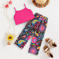 Girls Fuchsia Layered Camisole Top With Printed Pants Set Sets   