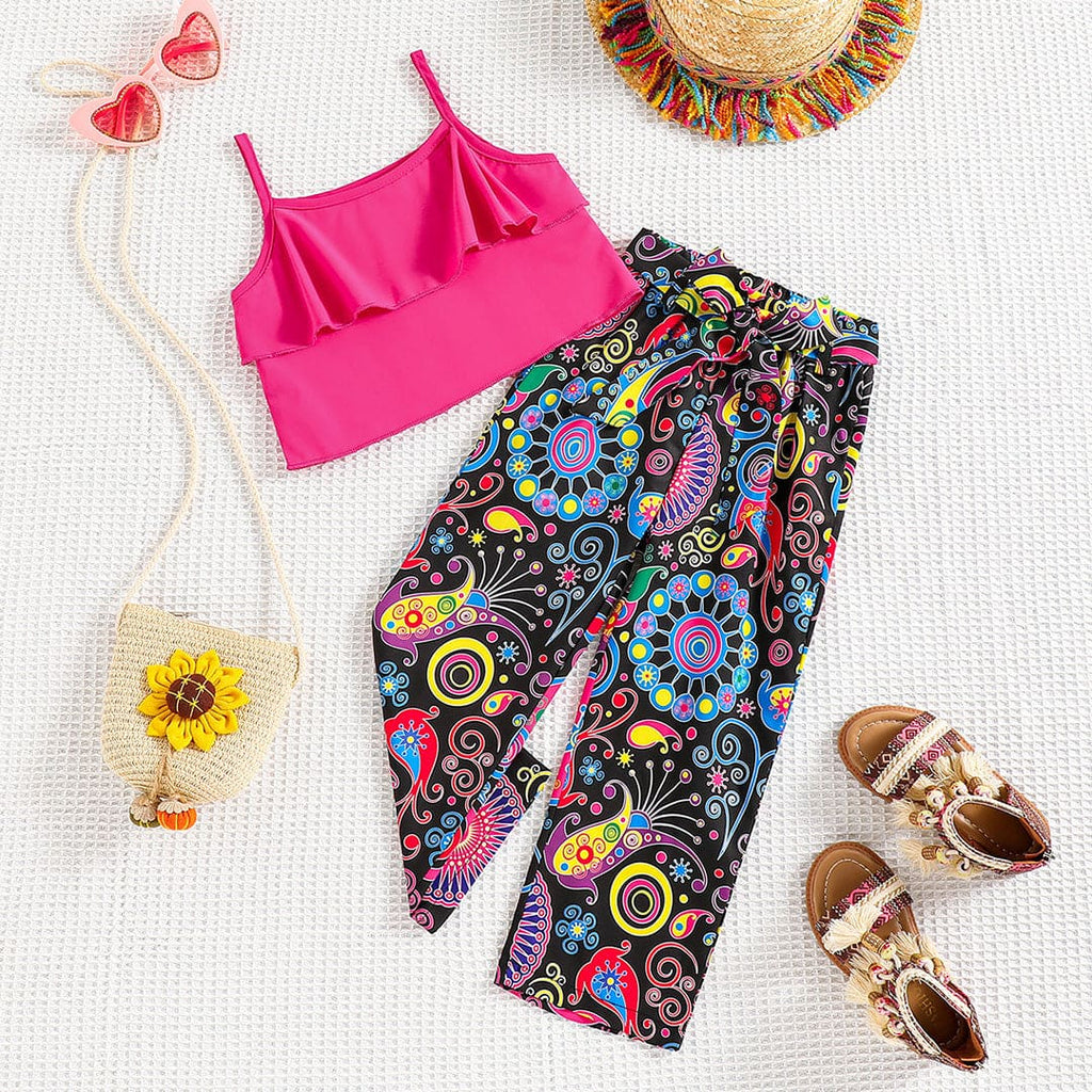 Girls Fuchsia Layered Camisole Top With Printed Pants Set Sets Fuchsia 4-5 Y 