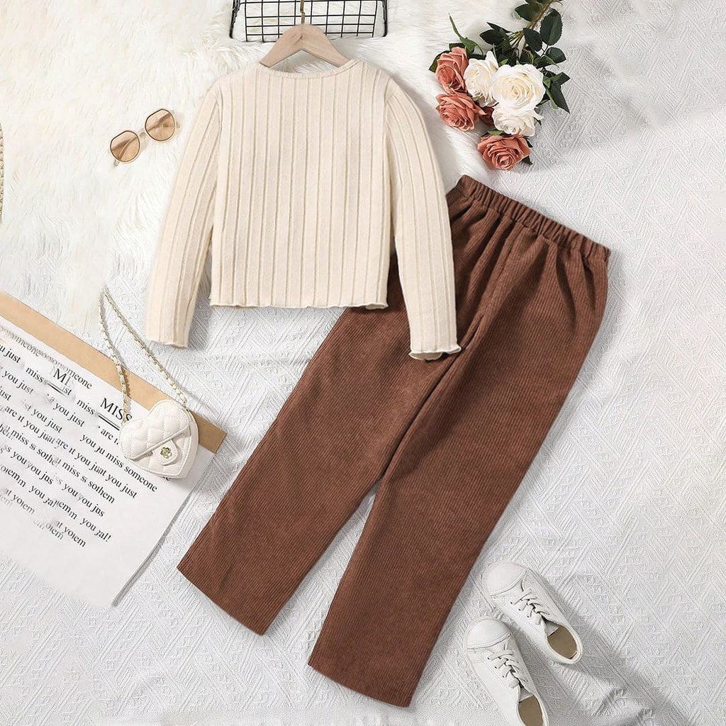 Girls Beige Long Sleeve T-Shirt With Corduroy Pants Set Sets Apricot 8-9 Y 