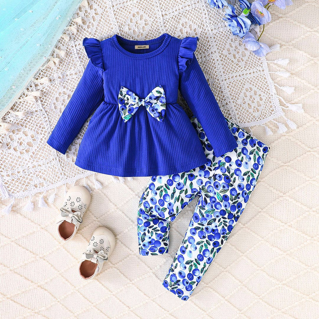 Girls Blue Long Sleeve Top With Printed Pants Set Sets Blue 6-9 M 