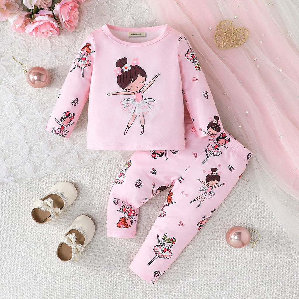 Girls Pink Cartoon Graphic Top With Pants Set Sets Pink 6-9 M 